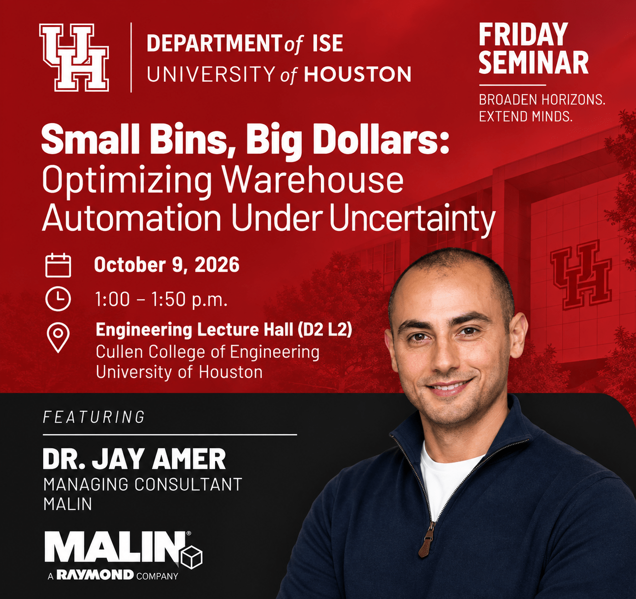 Dr. Jay Amer of Malin featured speaker for University of Houston Friday Seminar on warehouse automation, October 9, 2026