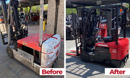 Red forklift before and after