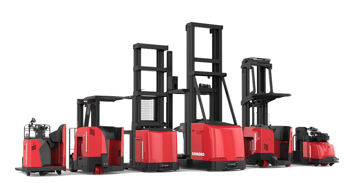 Red Raymond forklifts in a row