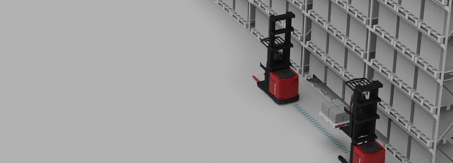 Two red Raymond forklifts near racking. Concept for in-aisle detection systems.