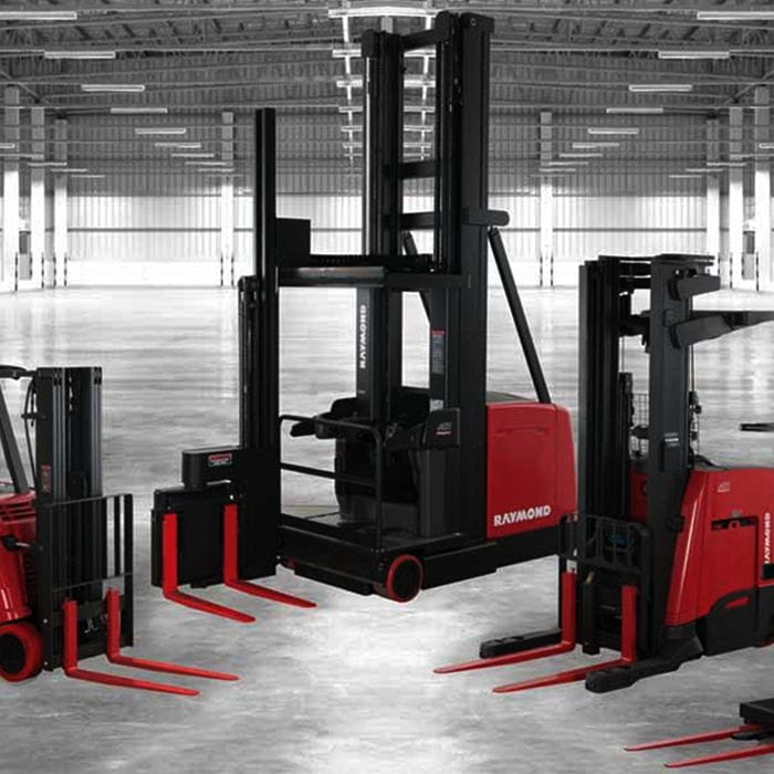 Red Raymond forklifts in a row
