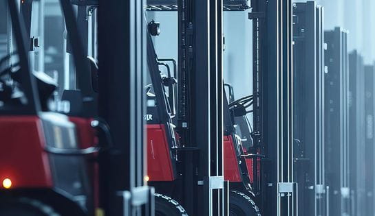Red Raymond forklifts in a row for rental